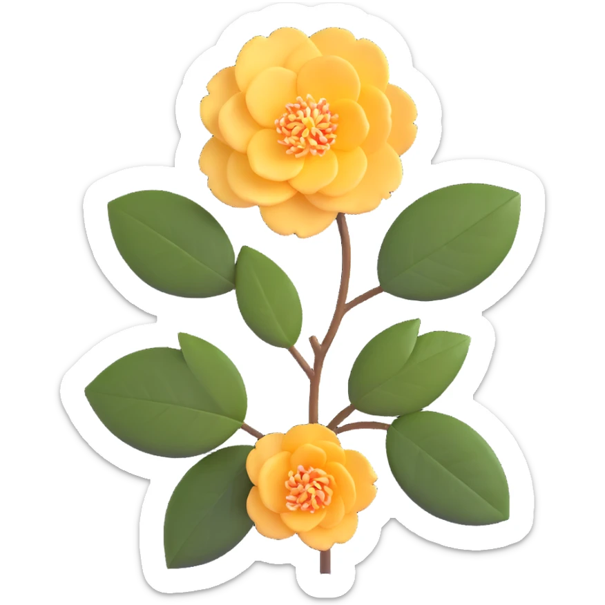 vibrant red Japanese camellia flower with golden center sticker