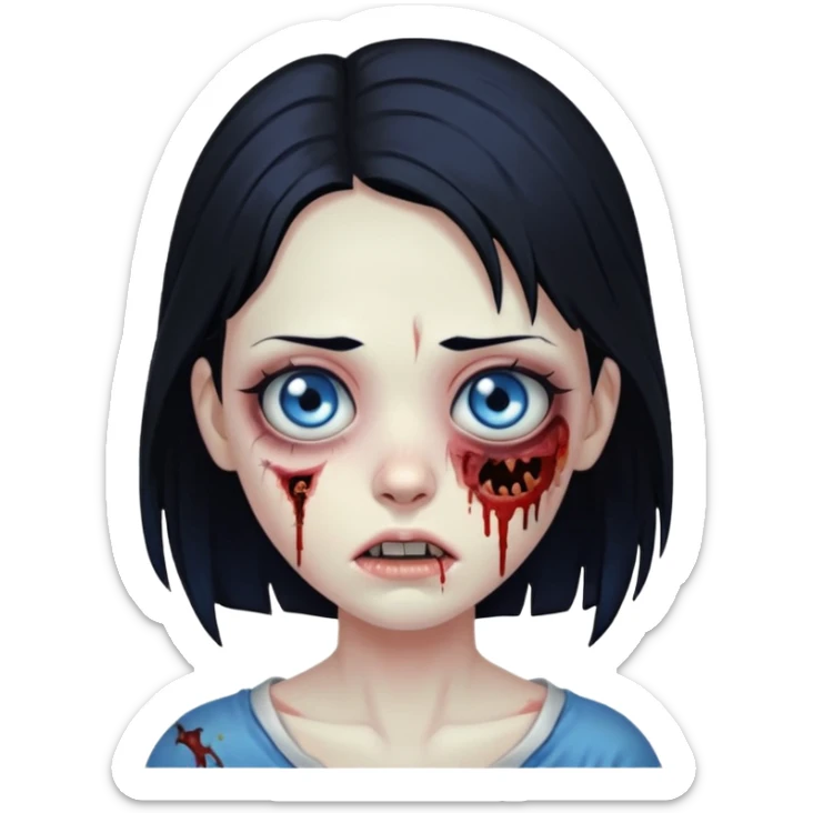 zombie girl with black hair, with a blue eye sticker