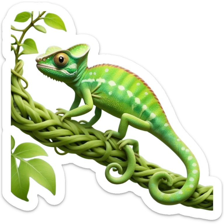 cinematic-chameleon-realistic-full-body-climbing-emoji,-slender-body-gripping-a-twisting-vine-with-prehensile-feet,-scaly-green-skin-shifting-shades-with-its-environment,-large-bulging-eyes-rotating-independently,-delicate-coiled-tail-curling-behind,-long-tongue-slightly-protruding-as-if-ready-to-strike,-simplified-yet-realistic-focused-features,-highly-detailed,-glowing-with-an-ethereal-forest-light sticker