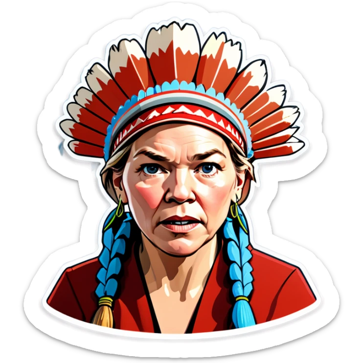 Make a picture of Senator Elizabeth Warren with a traditional Native American headdress make it realistically cartoonish without the braids really accentuate  her wrinkles make her hair blonder and get rid of the headdress besides make her look extremely afraid sticker