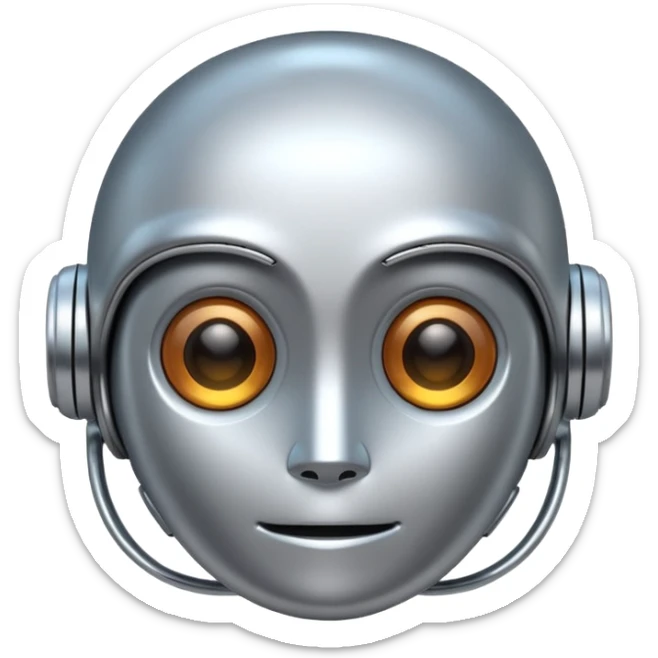 A cute futuristic robot emoji made of silver chrome, rounded friendly body, minimal facial features, glossy metallic surface, soft reflections, iOS emoji style, centered, clean white background sticker