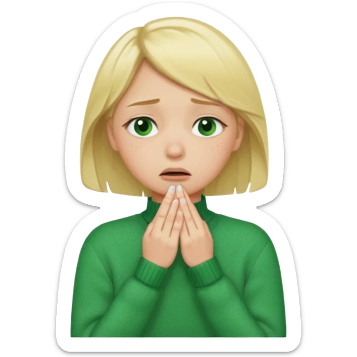 blonde girl in green jumper with hand on throat, sad sticker