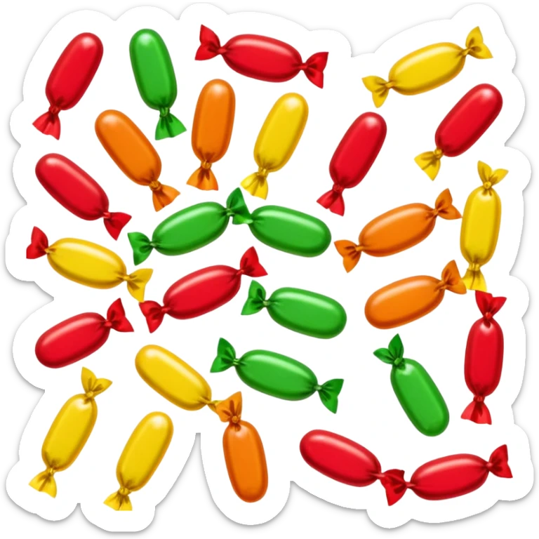 small assortment of colorful wrapped candies with twisted cellophane ends, loose scatter, shapes vary round oval square, glossy surfaces, vibrant colors red yellow green, soft lighting, subtle shadows, emoji scale sticker