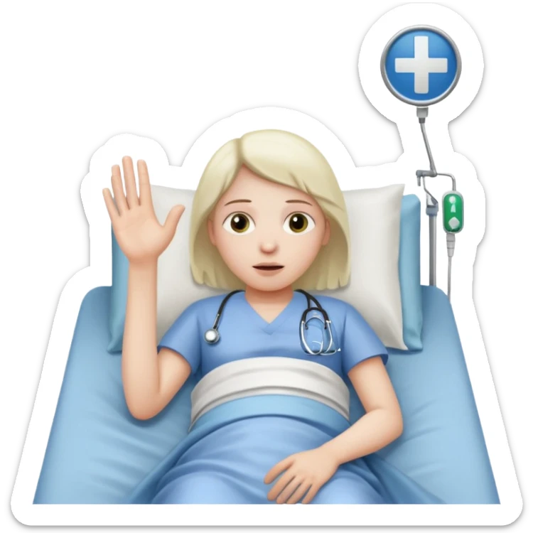 person lying in hospital bed with their eyes open holding up their left hand sticker