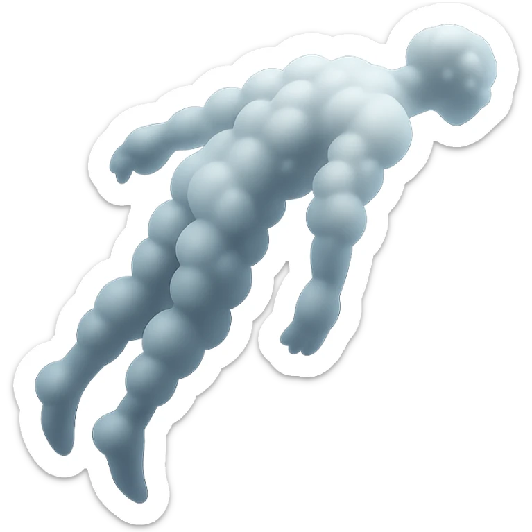 side view of unconscious person flying upwards by torso, legs and arms downwards, made of small very bright white fluffy convex clouds, matte glass style sticker