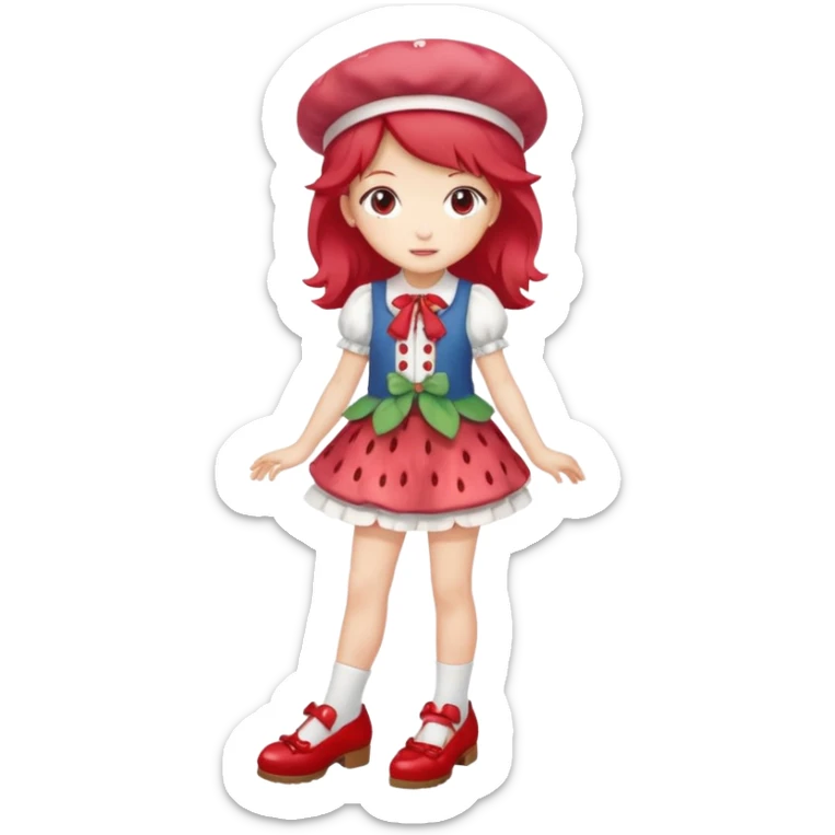 pretty and cute realistic strawberry shortcake full body with red shoes standing anime sticker