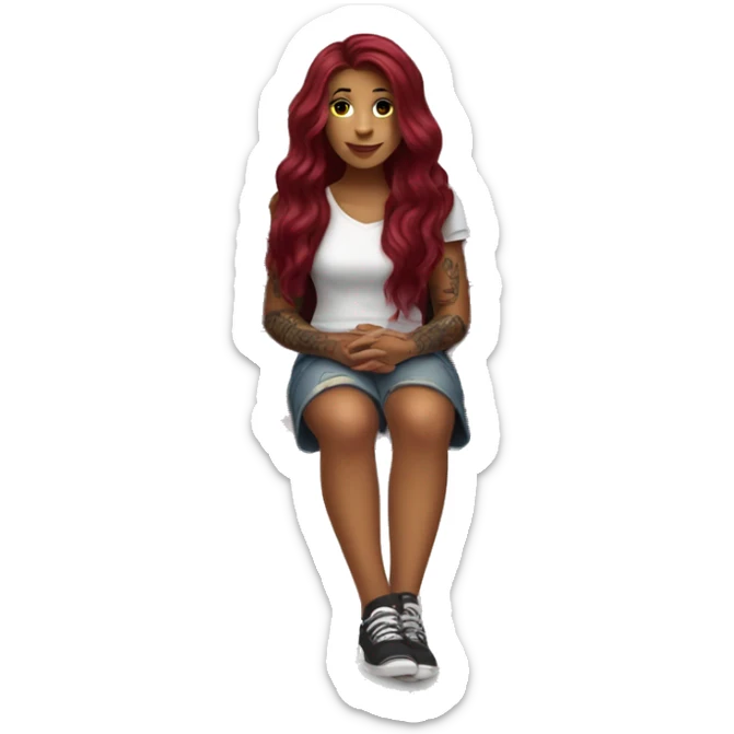 Beautiful tattooed burgundy long haired woman sitting on a bench sticker