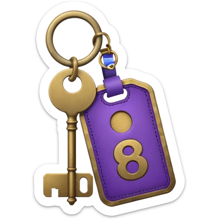 antique brass hotel key with large purple leather room number tag sticker