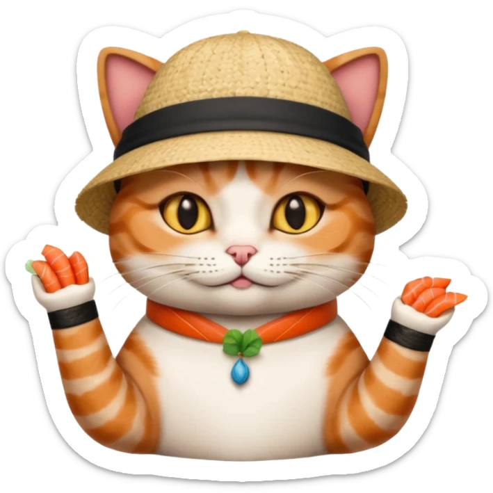 cat with its fingers crossed wearing a hat made out of sushi sticker
