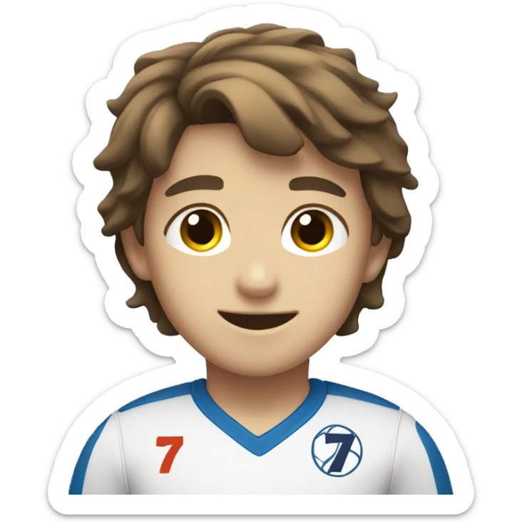 boy with brown hair wearing a uniform with the number 7 volleyball sticker