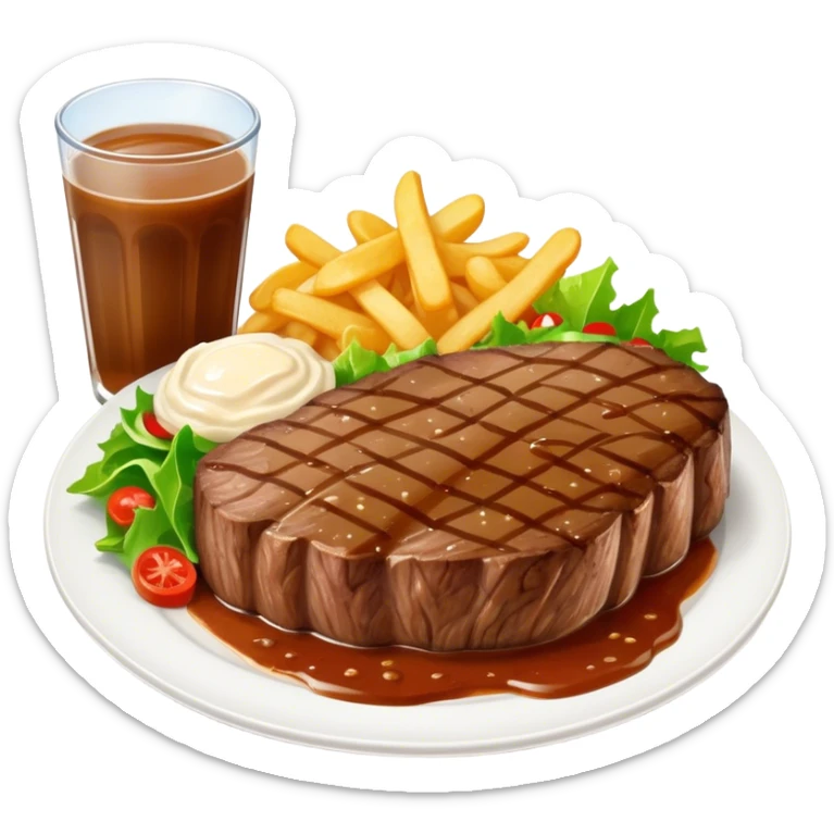 big juicy australian steak meal featuring chips, small salad in a ramiken and gravy  sticker