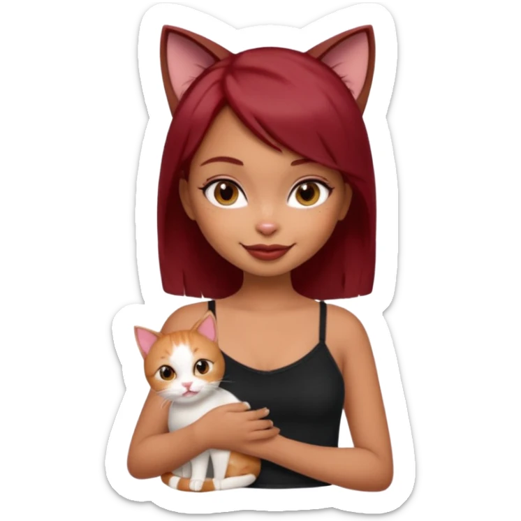 generate a pretty bratz girl with short dark red hair holding a cat smiling. Wearing a black cami sticker