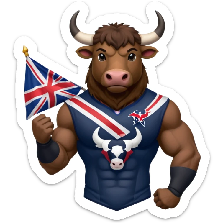 Houston texans black bull, wearing a texans jersey, with a union jack flag behing sticker
