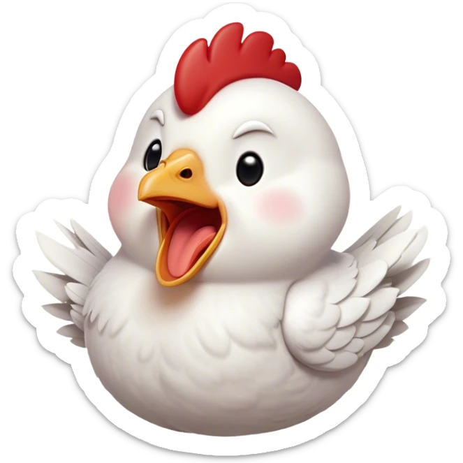 Cinematic Cute Yawning White Chicken Portrait Emoji, Head tilted slightly with a dramatic, wide-open yawn, showcasing a soft, fluffy white plumage with a crisp red comb and drooping wings, round beady eyes barely open in drowsy contentment, Simplified yet irresistibly adorable features, highly detailed, glowing with a soft, cozy glow, high shine, relaxed yet expressive, stylized with a touch of whimsy, bright and endearing, soft glowing outline, capturing the essence of a sleepy yet affectionate chicken, so drowsy it feels like it could stretch out of the screen and curl up for a nap! sticker