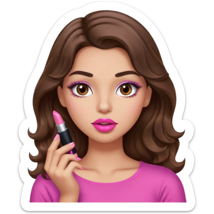 girl with long wavy brown hair, brown eyes, light to medium complexion, in a pink sexy top, pink lips, long lashes, puckered lips, putting on lipstick sticker
