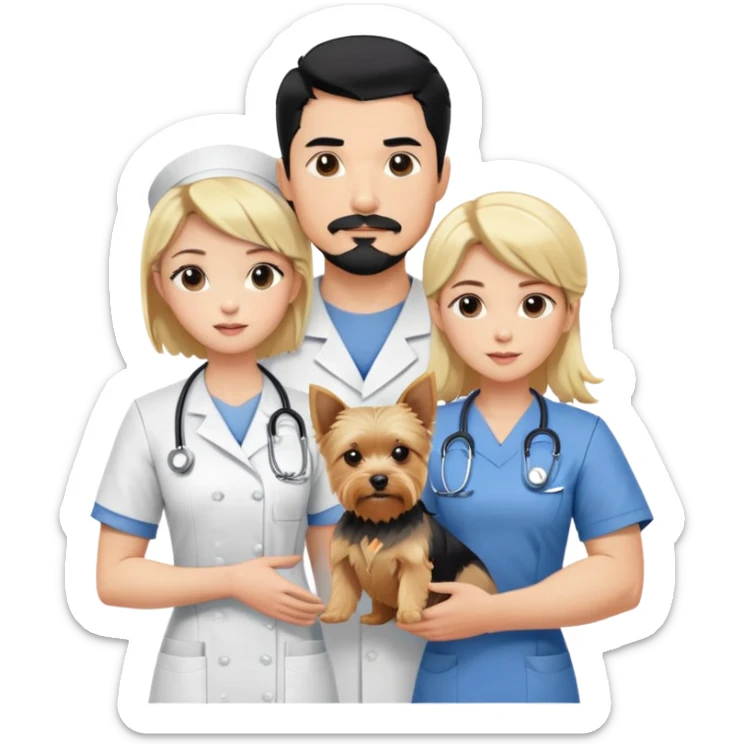A blonde white nurse stands beside a handsome, muscular Korean man with black hair styled in a sharp point, a full goatee, and a blonde Yorkshire Terrier in his arms sticker
