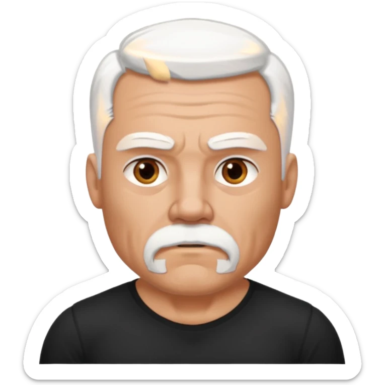 White haired muscled adult man with a black t-shirt. He has white beard with a short goatee. Dark brown eyes and some wrinkles. sticker