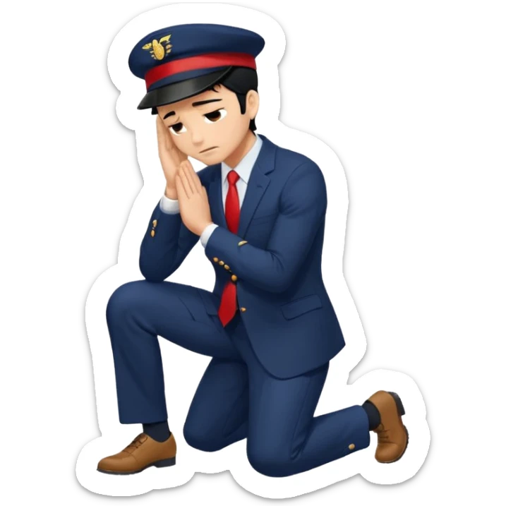 man with black hair, wearing a navy suit, red hat, and navy trousers, kneeling and bowing deeply to the ground with arms and forehead touching the floor, pose expresses apology or deep respect, clear, bold, expressive, standard emoji look sticker