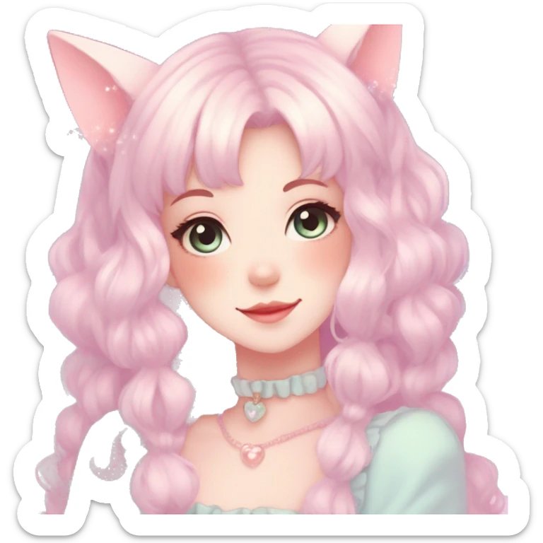 Gorgeous pastel anime style lady with blushing face and cat ears cottagecore fairycore pastelcore colorful pearly romantic simplistic aesthetic trending style sticker