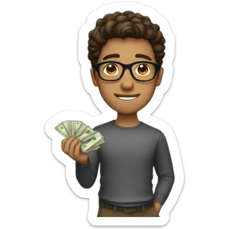 young guy with full black glasses, brown hair and money in hand sticker