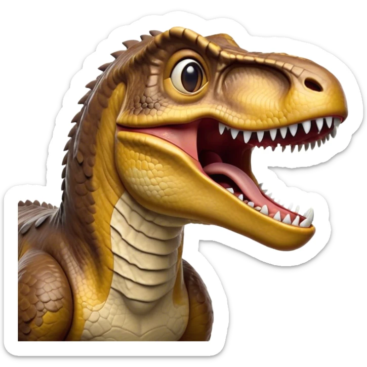 Cinematic Realistic Cute Yawning velociraptor/T-rex Portrait Emoji, Head tilted slightly with a dramatic, wide-open yawn, showcasing a massive, rugged scaled hide with subtly drooping features and half-closed, drowsy eyes rendered in authentic prehistoric detail, high shine, relaxed yet expressive, styled with a dash of ancient charm, soft glowing outline, capturing the essence of a sleepy yet affectionate velociraptor/T-rex that appears ready to stretch out and settle into a timeless nap! sticker