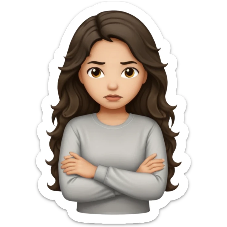 Hispanic light tan girl with long dark wavy hair with arms folded and pouting slightly. Wearing a long sleeve. sticker