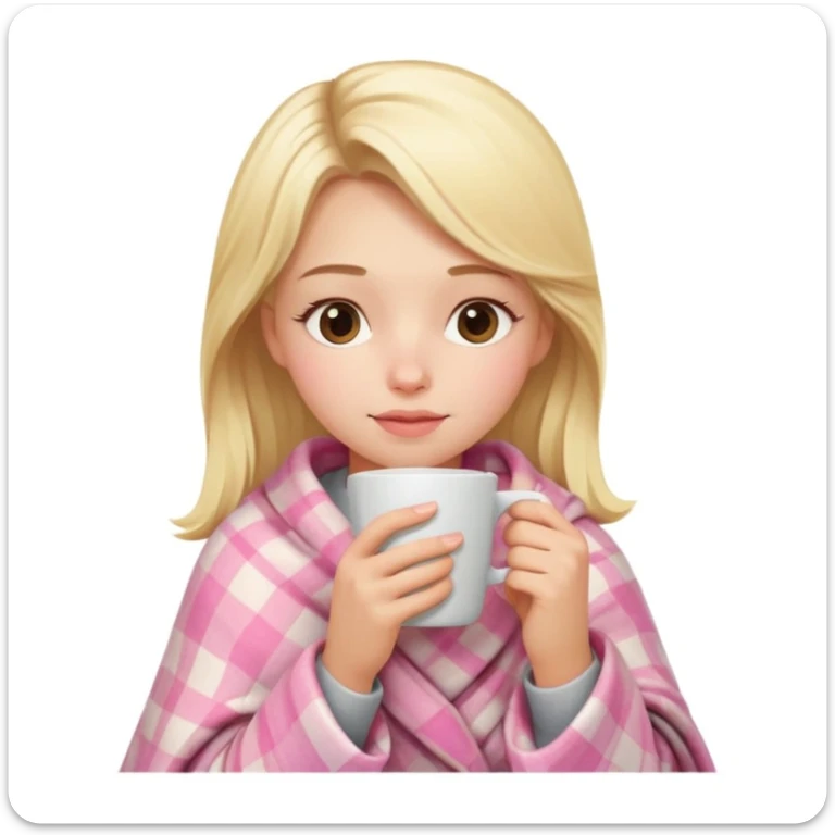 cute blonde girl wrapped in pastel pink plaid blanket drinking coffee sticker