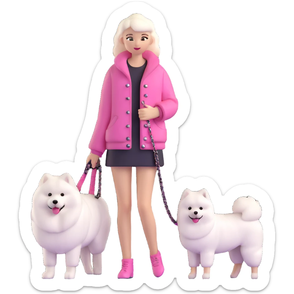 girl in pink Chanel-style outfit with white Samoyed dog sticker