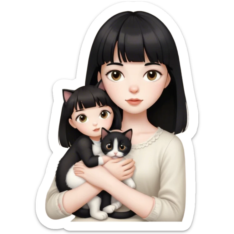 a very pale white feminine girl with medium black hair with bangs with big light brown eyes looking like a porcelain doll with a black kitten on her lap sticker