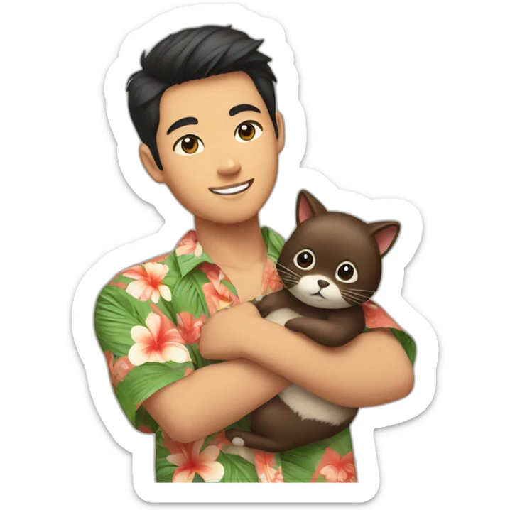 Young Asian man in Hawaiian shirt holding a tanuki cat in his arms sticker