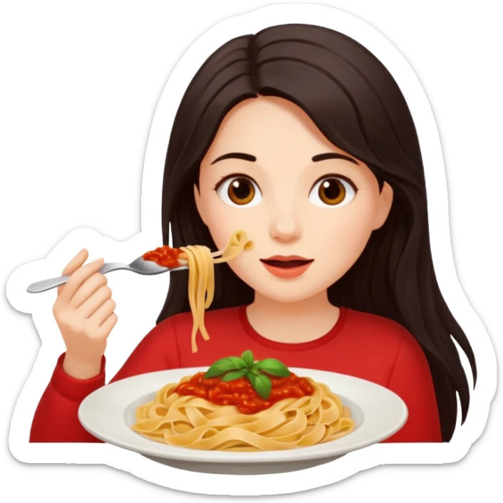 chica joven con piel clara y pelo oscuro largo comiendo un plato de pasta sticker