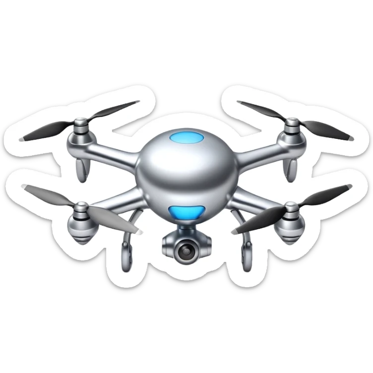 A futuristic drone emoji made of polished silver chrome, smooth rounded body, minimal propellers, reflective metallic surface, soft studio lighting, iOS emoji style, centered, clean white background sticker