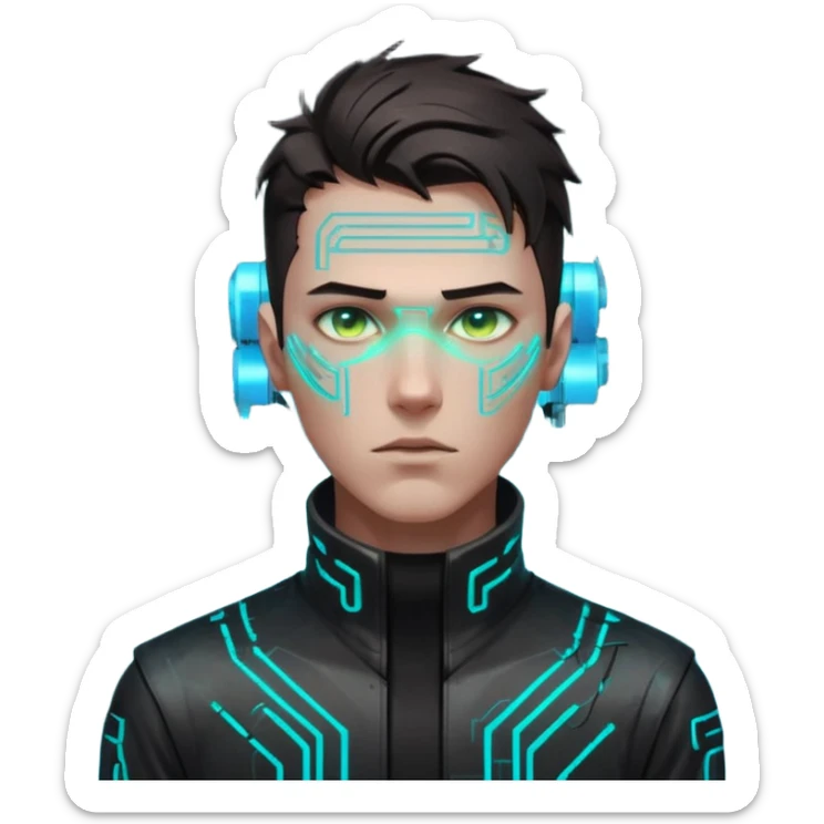 Cyberpunk male head, messy dark hair, glowing circuit patterns tracing from neck to temple, eyes reflecting shifting neon code, clean-shaven, futuristic minimalist aesthetic. sticker