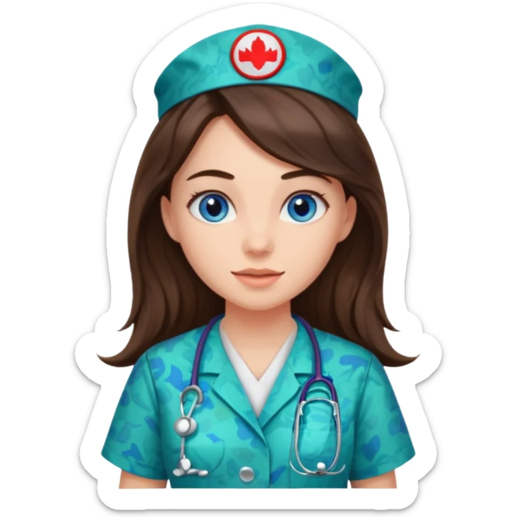 pretty brunette nurse with long hair and blue eyes in dinosaur pattern scrubs sticker