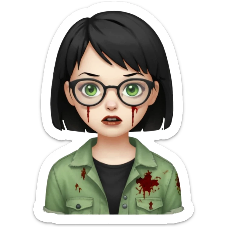 Zombie girl with black short hair and side bangs in glasses sticker