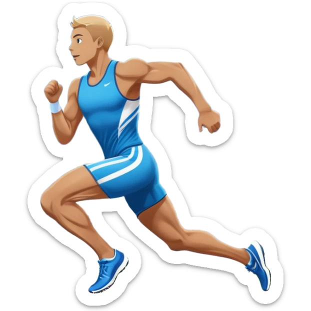 An icon showing a large stadium filled with cheering fans and bright lights In the background. The sky is clear and blue. a running track with lanes marked in white. A sprinter in mid-stride pushes forward, muscles tense.Transparent background emphasizes the speed and energy of running. sticker