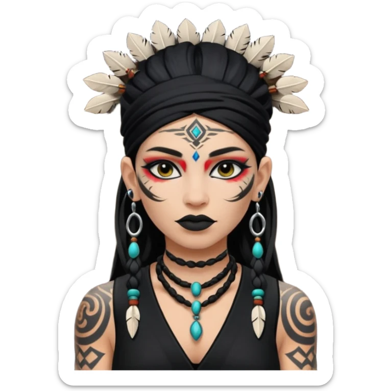 white shaman woman black clothes black accesories face tattoos sticker