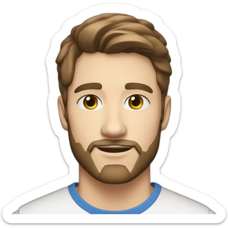 A handsome 25 year old man with fairly short brown hair, blue eyes, a very light goatee beard sticker