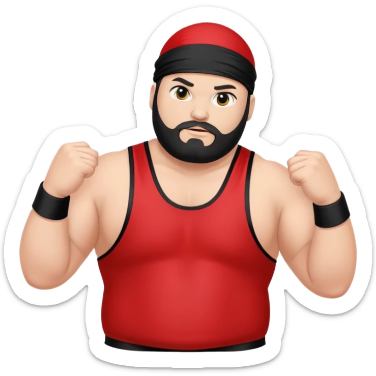 White skin fat guy with black durag, black beard, and black eyes in a red and black wrestling singlet sticker
