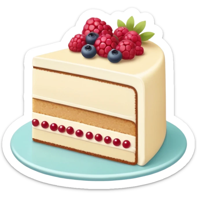 Confectionery humanless avatar in bright emoji-style illustration. Cake slice with cream and berries, pastel colors, simple shapes, flat design, sweet and inviting. sticker