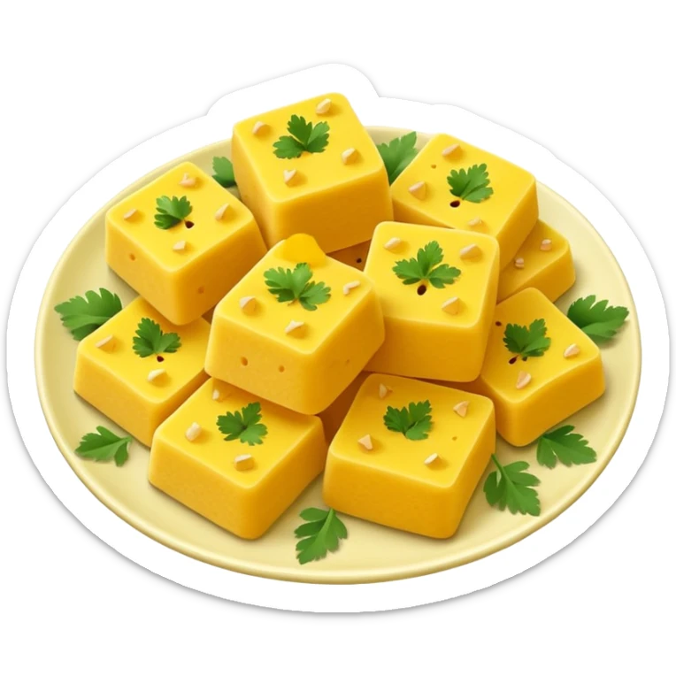 khaman dhokla, fluffy yellow pieces, served on a plate, emoji style sticker