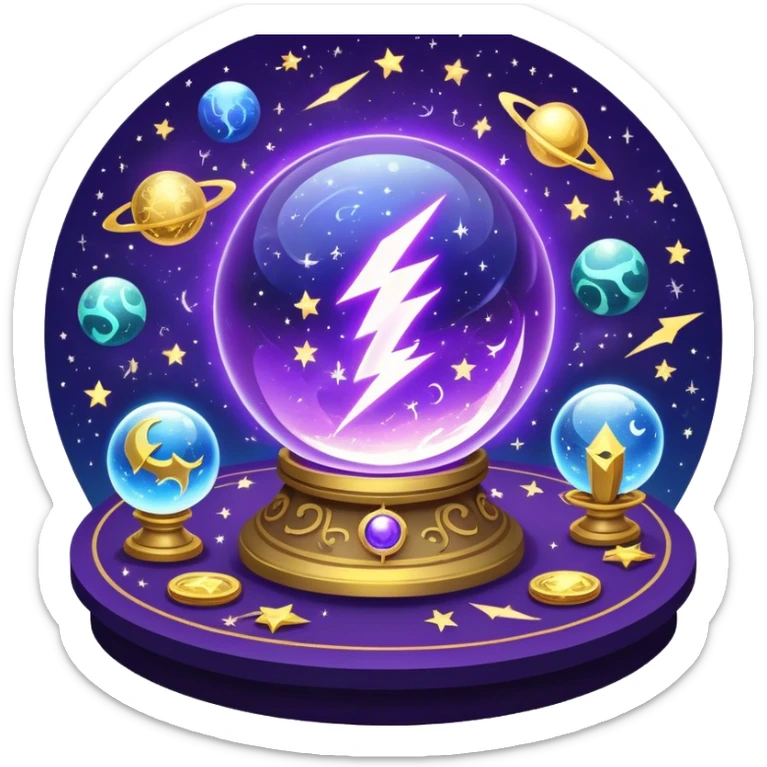 A mystical, glowing crystal ball with swirling sparkles and lightning bolts inside, surrounded by zodiac signs and planets floating in space, with tarot cards spread out on the table around the ball. Use bright purples, blues, and golds to create a magical, mysterious vibe. transparent background.  sticker