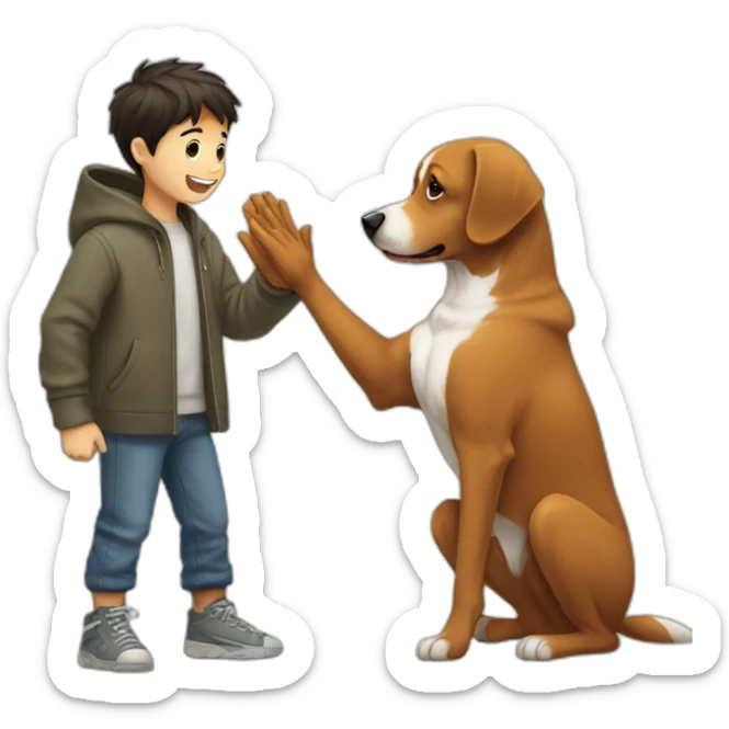 boy with dog and hoodie, dog is giving high five to boy sticker