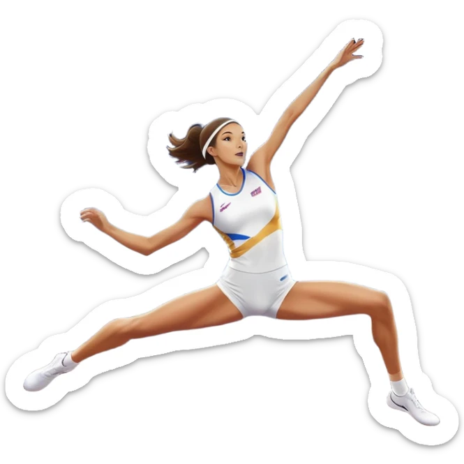 An icon featuring a female high jumper in mid-air, gracefully clearing a bar on a track. She wears a white athletic uniform and appears focused, with the background showcasing a vibrant stadium with cheering spectators and bright lights. Transparent background highlights the elegance  sticker