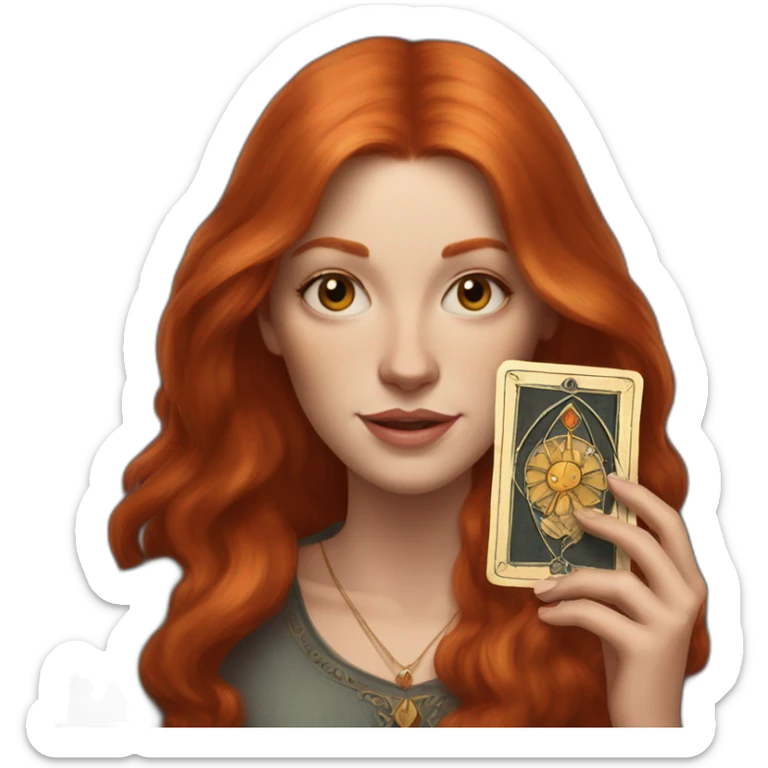 redhead white woman medium long straight hair, holding a tarot card in her hand sticker