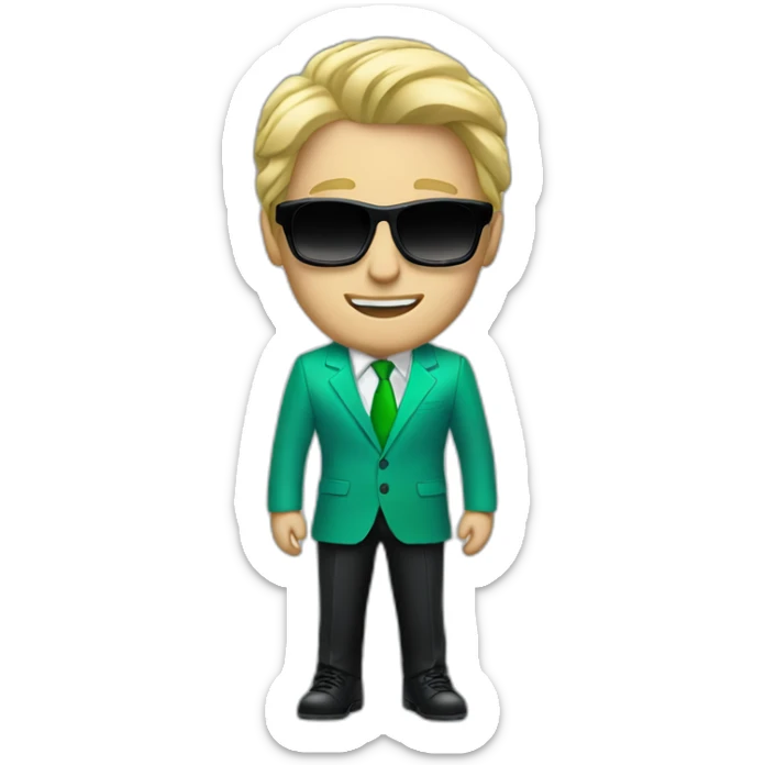 white guy in gradient green blue suit with blonde hair and black sunglasses standing with black shoes sticker