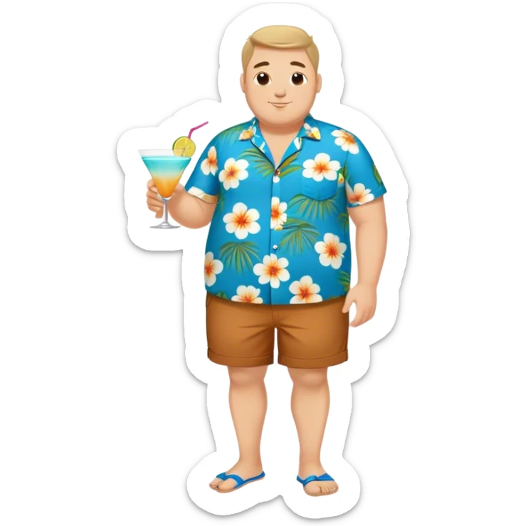 chubby guy full figure in a flowered azure havai shirt, brown shorts and flippers holding a cocktail sticker