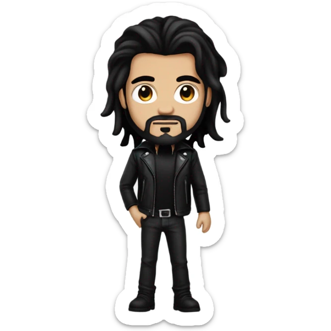 Man with long black hair, black goatee, square jawline, eyeliner, black leather jacket, black pants, black shirt and pentacle necklace sticker