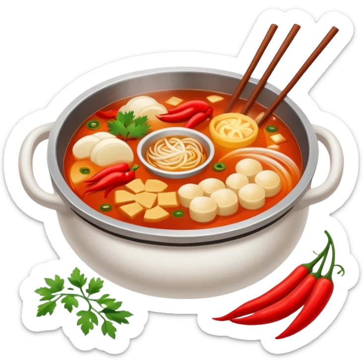 Chinese hot pot with spicy broth and ingredients, simplified emoji sticker
