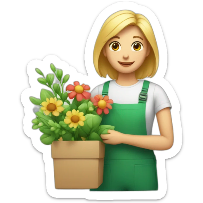 The florist is holding flowers, a gift and a green tick sticker